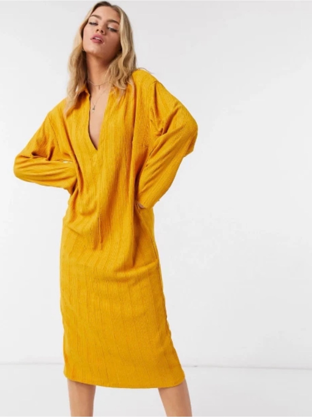 Free People Beach Palma Ribbed Collared Midi Dress Size M In Marigold Yellow